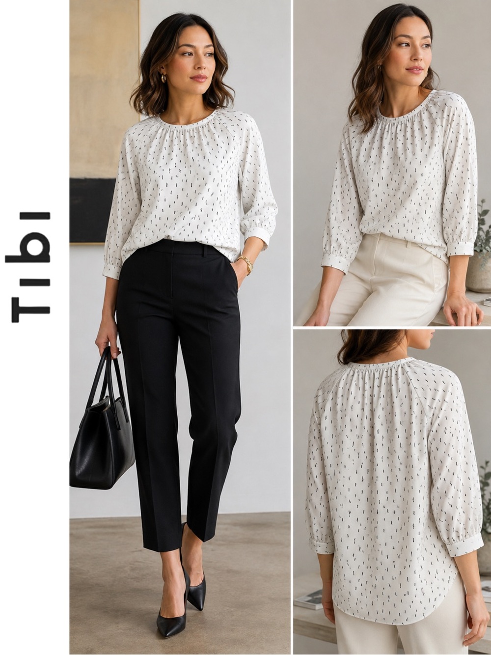 Tibi Ivory White Black Abstract Ink Print Hi-Low V Neck 3/4 Sleeve Raglan Blouse